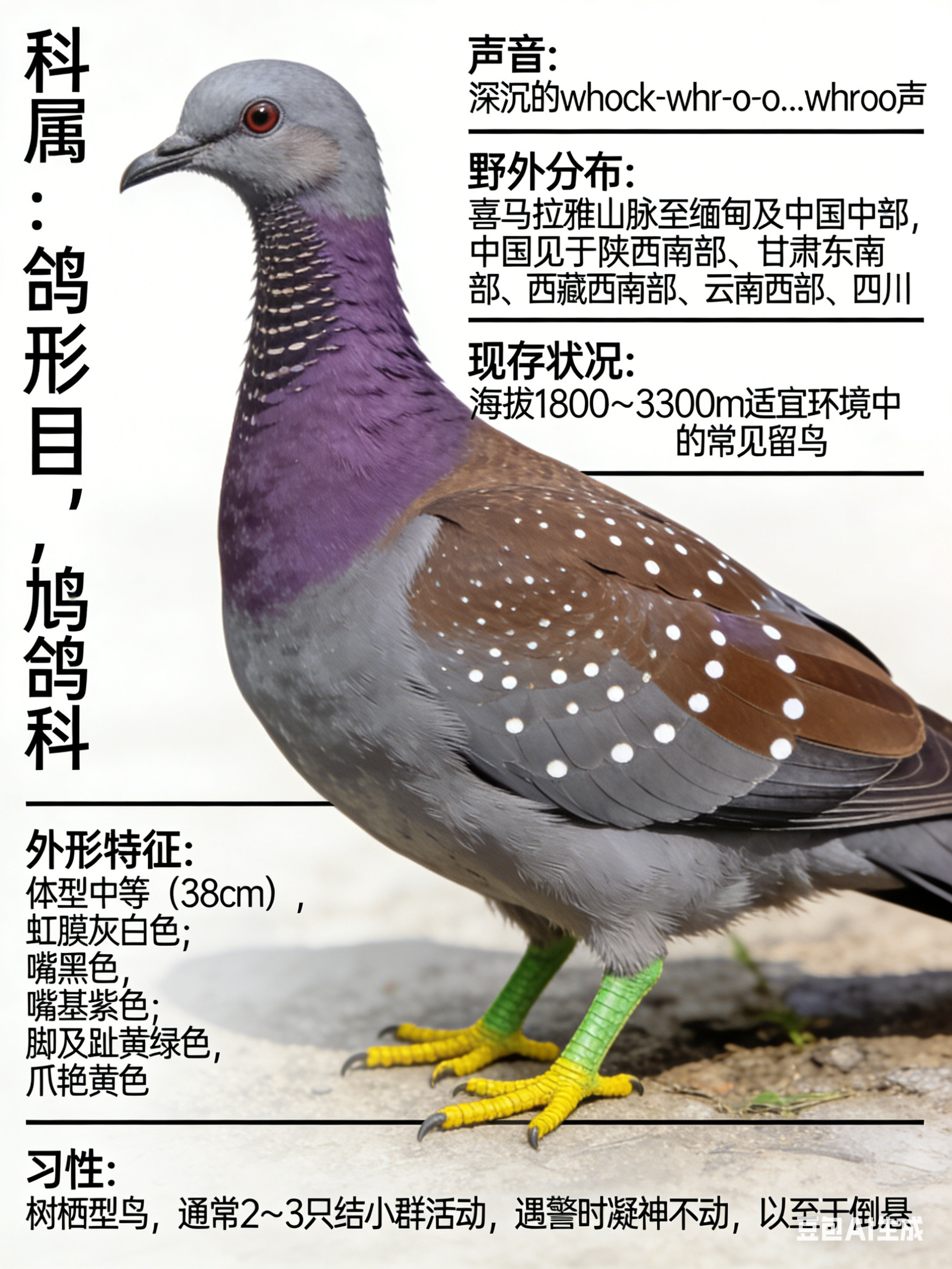 鸟类朋友图鉴斑林鸽·科属：鸽形目，鸠鸽科。·外形特征：体型中等（38cm）的褐