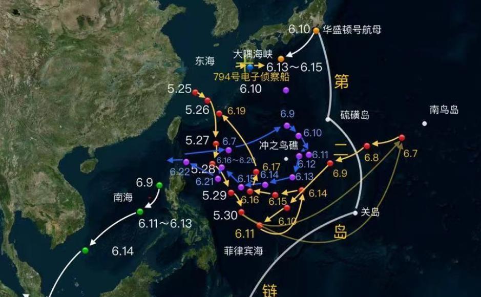 山东舰在6月22日以后，持续位于菲律宾北部的吕宋岛以东海域活动，不断的进行战机起