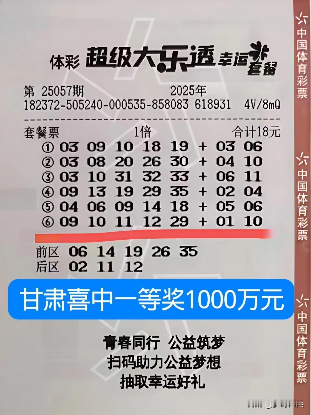 18元大乐透套餐票，喜中一等奖1000万元，甘肃农民工去超市购物，路过一间彩票店