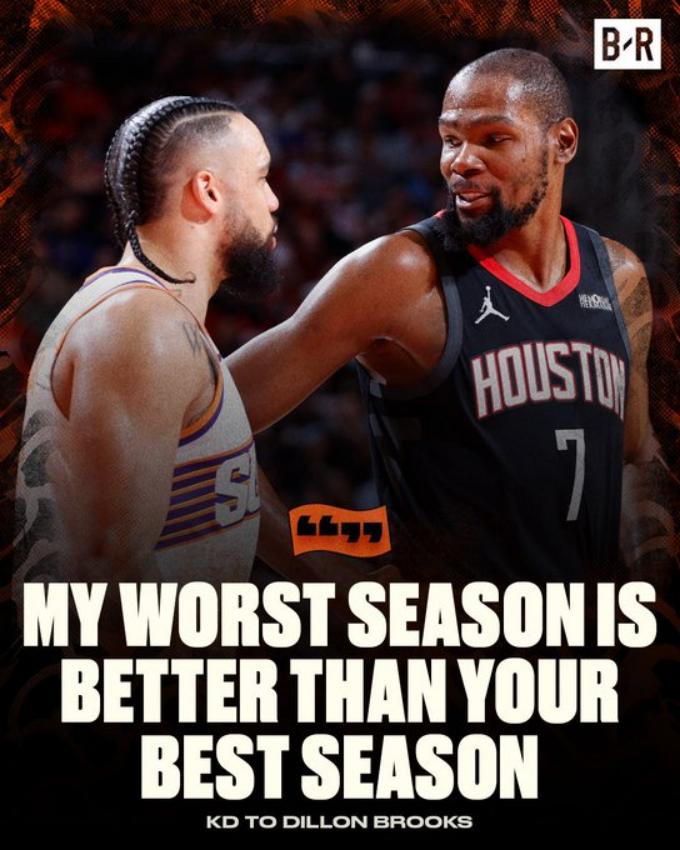 昨天太阳和火箭比寒，狄龙全场主防KD、持续喷垃圾话挑衅；第二节暂停前，KD当面