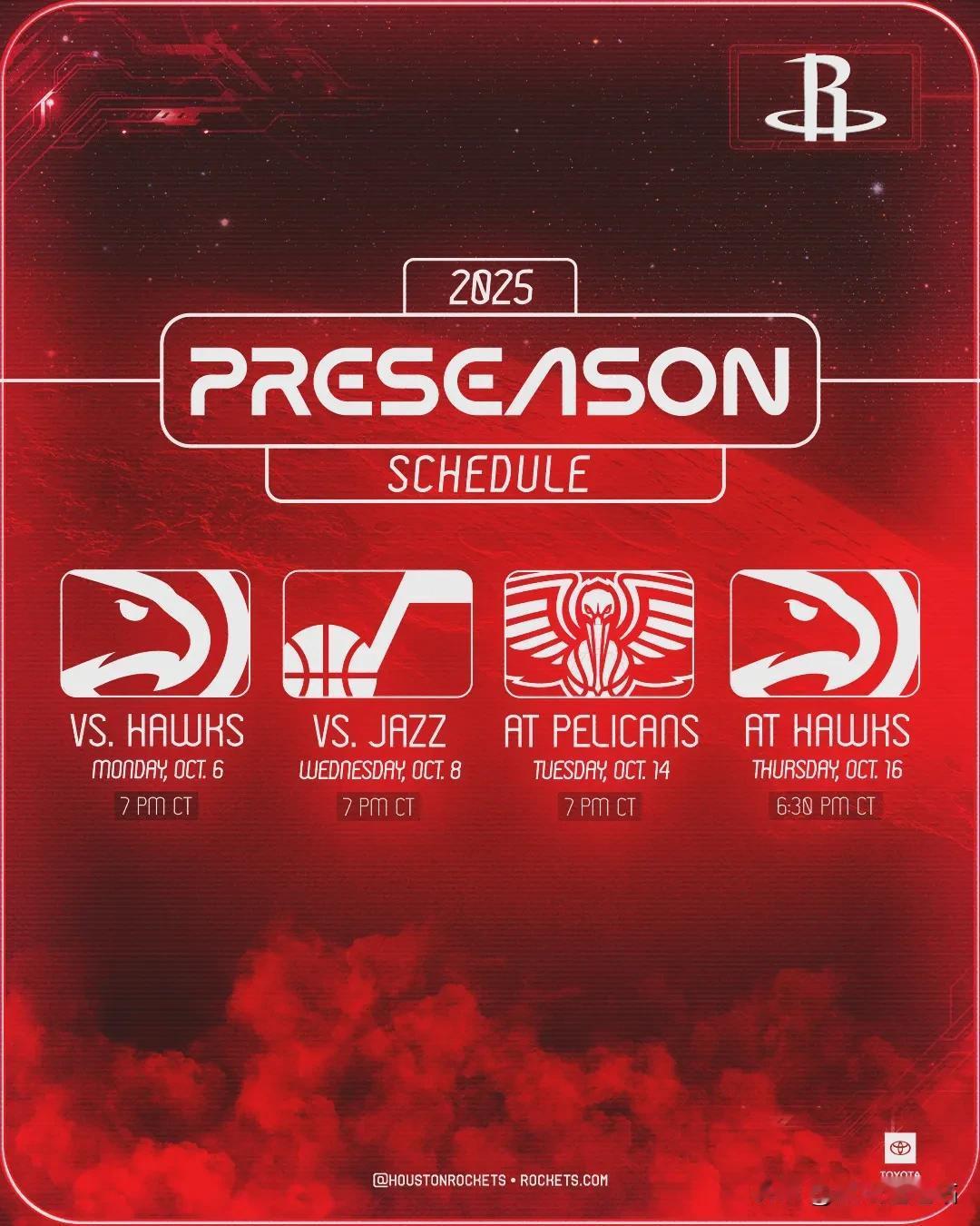火箭季前赛赛程来了！今日，NBA官方公布了休斯顿火箭的季前赛赛程，10月7日亮
