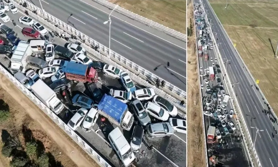 河南高速路面太滑导致多车相撞，有人冒死拦车，拦不住，完了路面结冰也刹不住电影都