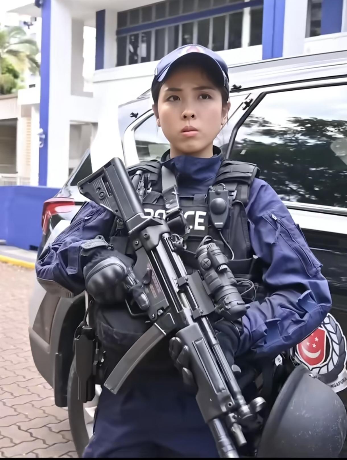本来以为mp5是袖珍冲锋枪，挂新加坡女警察身上就如同一把ak。这个小姐姐个子太小