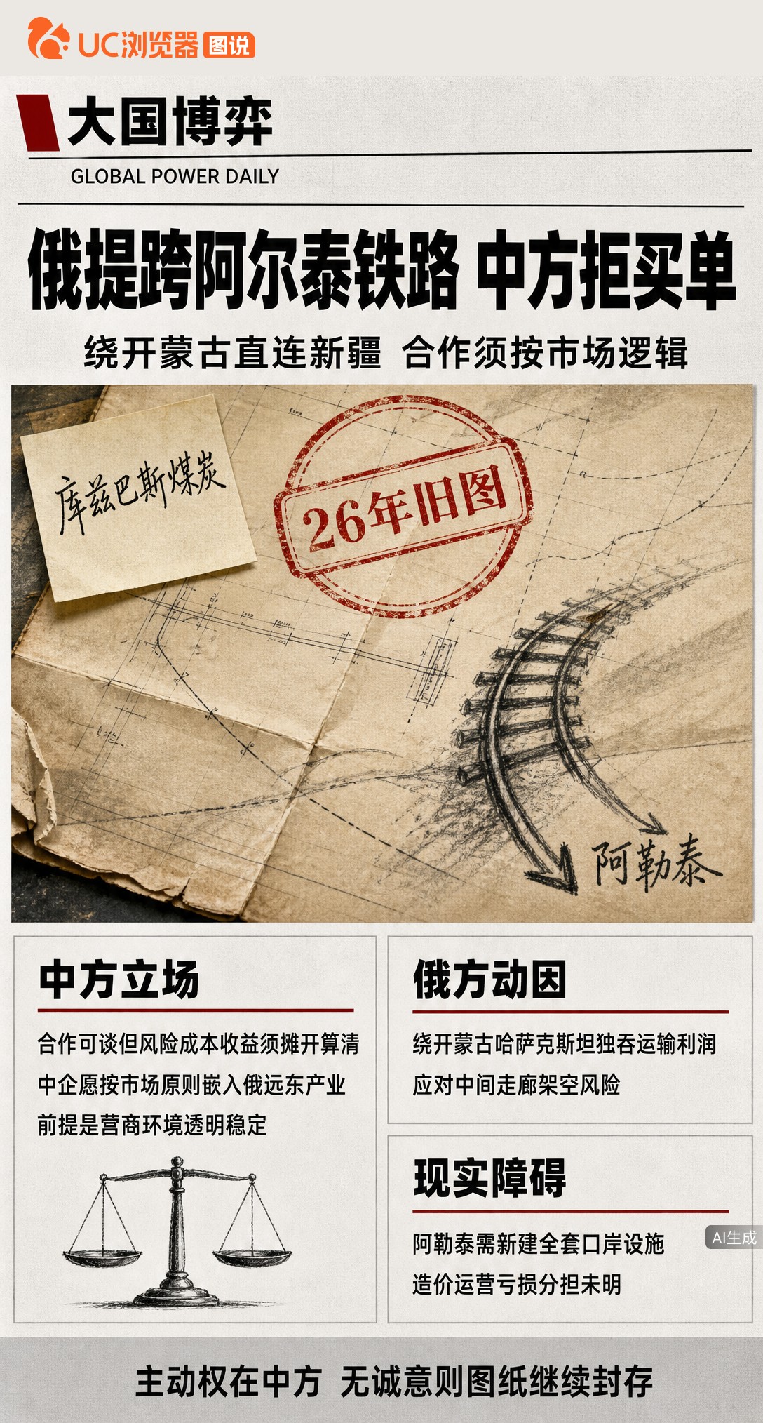 普京翻出压箱底26年的跨阿尔泰铁路图纸，想绕开蒙古直连新疆卖煤。但中方反应冷静：合作可以谈，但造价谁