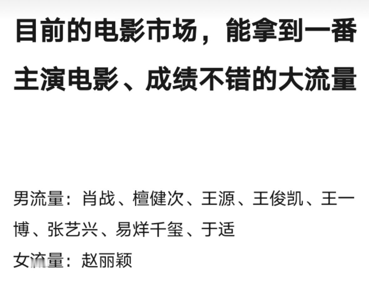 目前电影市场，能拿到一番主演电影、成绩不错的大流量男流量：肖战、檀健次、王源、王
