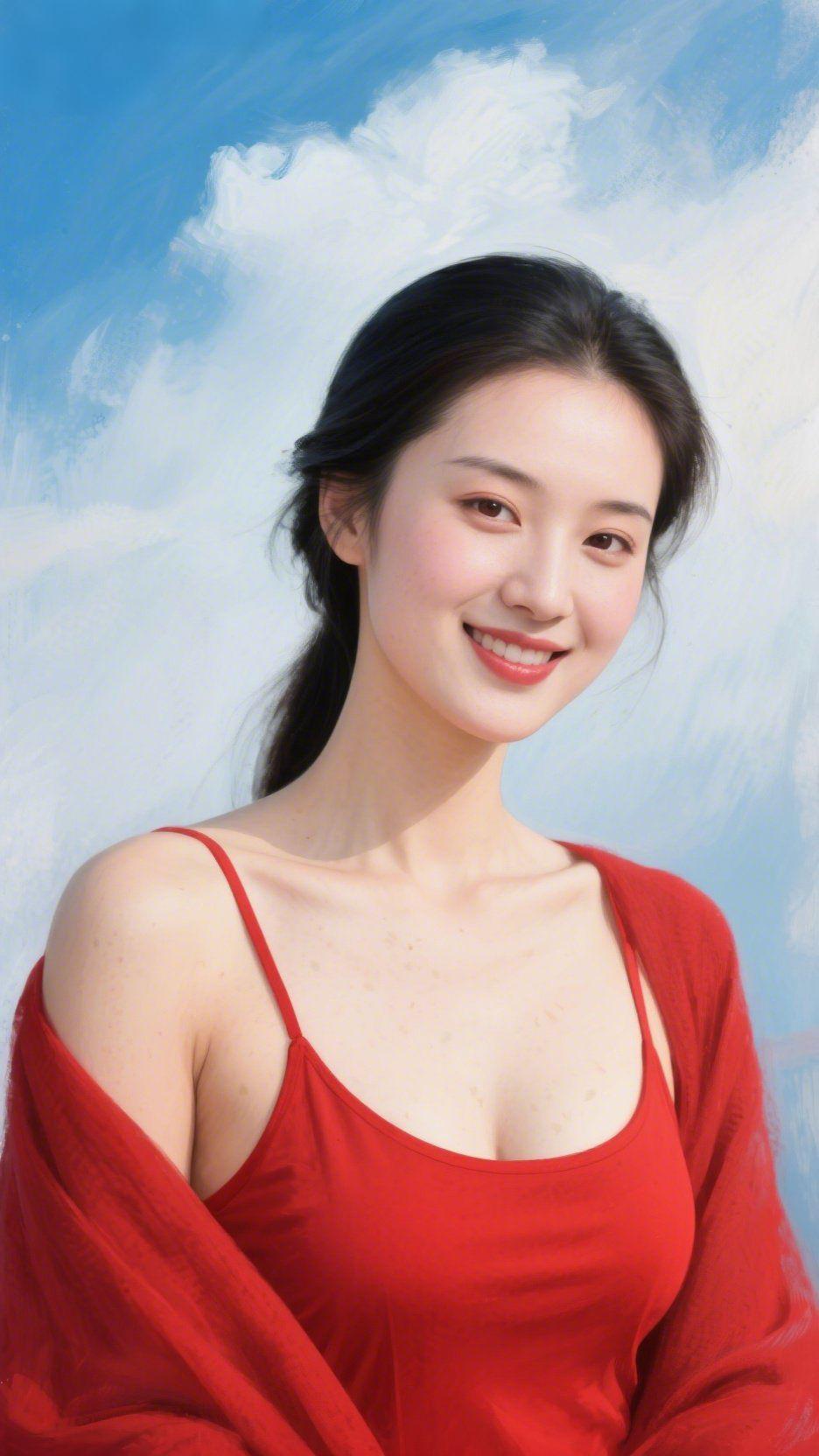 《红衫伴云轻》云絮将蓝天铺得舒展时，她的笑意先漫了开来——发梢沾着风的浅痕