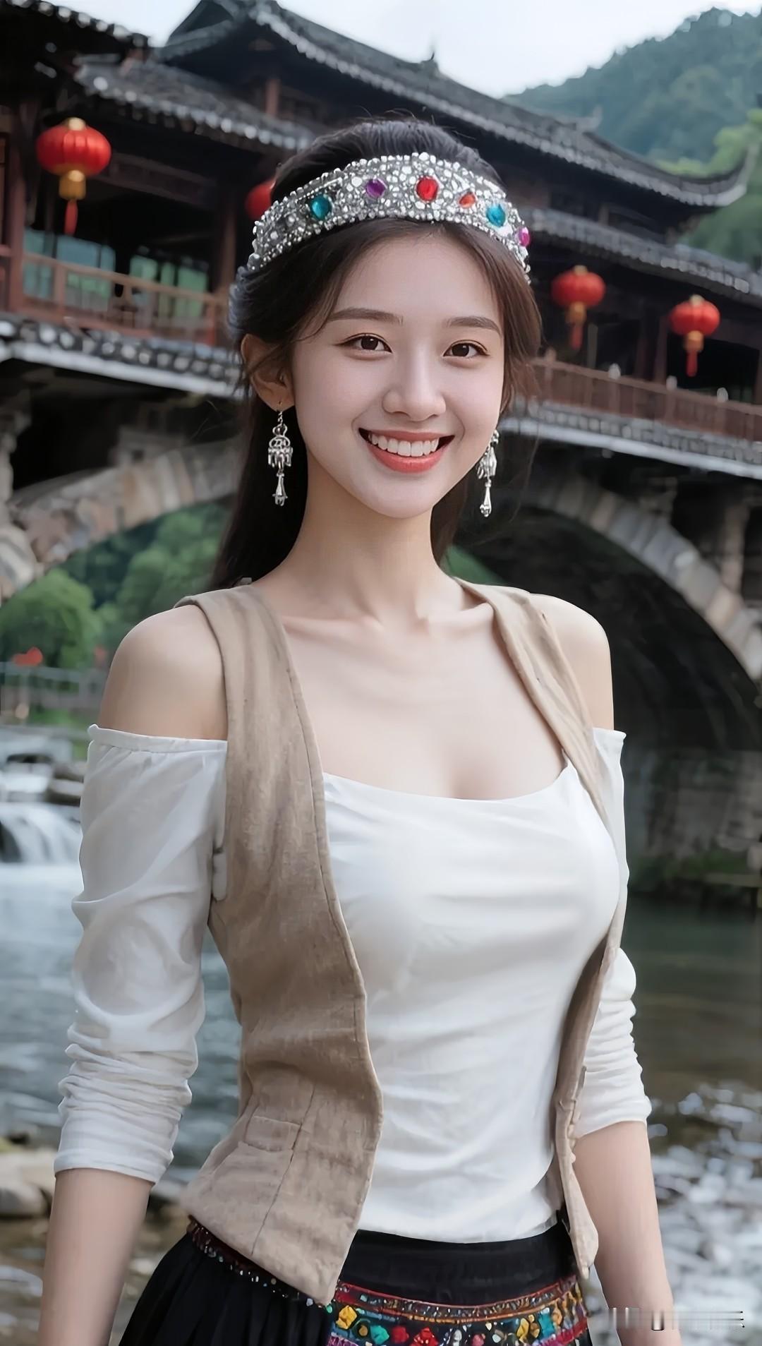 古风少女，笑靥如花，桥上漫步，如梦如幻。分享手机里的随手拍分享甜美小姐姐随手拍