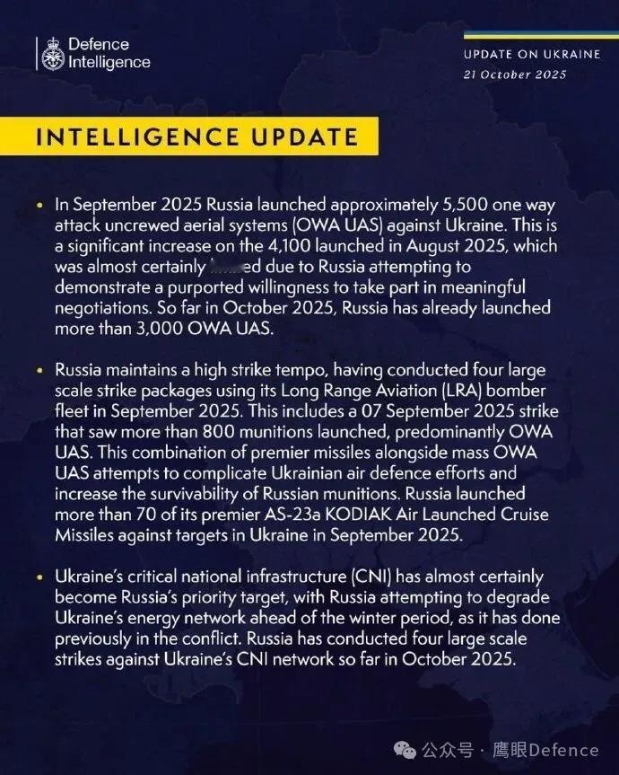英国情报部门的最新报告显示，仅仅在刚刚过去的9月，俄罗斯军队就向乌克兰发射了约5