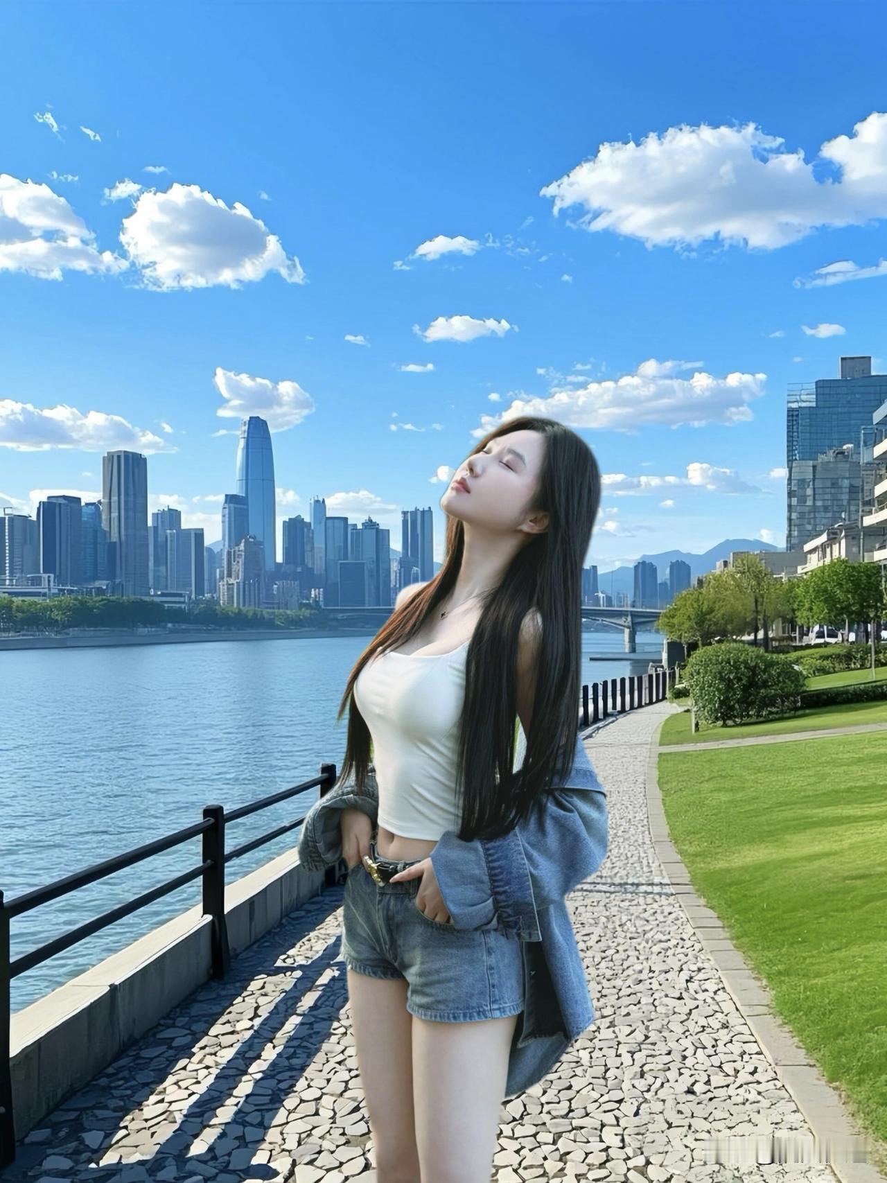 阳光下的少女，城市与自然的完美融合。