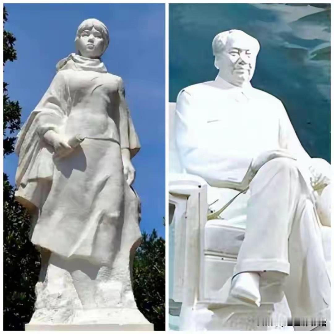左侧雕像这是杨开慧烈士的汉白玉雕像，坐落于湖南长沙板仓杨开慧纪念馆，杨开慧