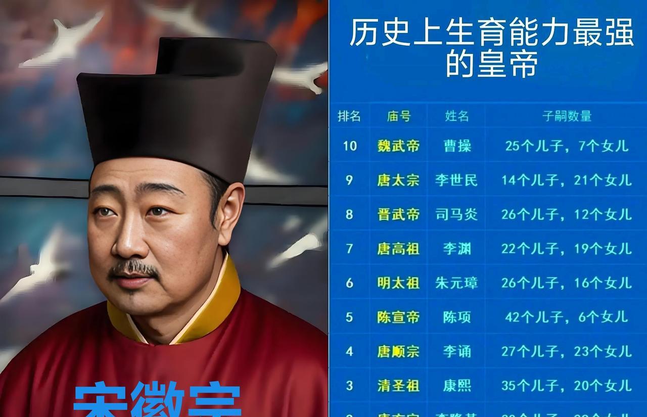 原来古代皇帝生育能力最强的皇帝是宋徽宗赵佶啊！一共生了80个儿女。话说宋徽宗是