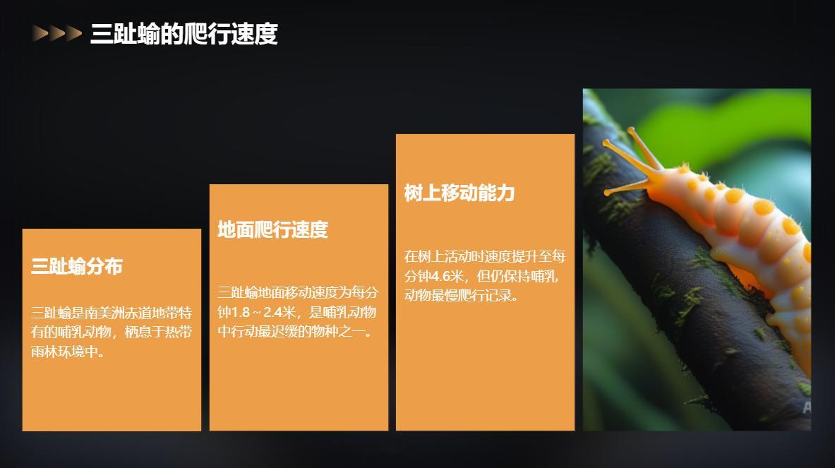 爬行最缓慢的哺乳动物三趾蝓是一种分布在南美洲赤道地带的哺乳动物。它在地面上爬行的