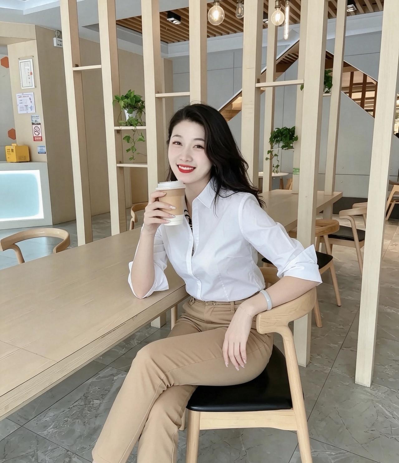 卡其色的裤子，搭配上白色的衬衫看着很有时尚感，本来是一个上班的穿搭，却穿出来了职