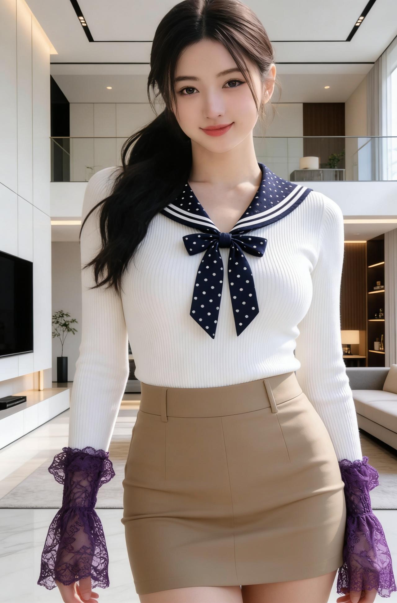 上衣：选了白色竖坑条修身针织衫，面料的纹理感提升了质感。​下装：搭配卡其色高腰