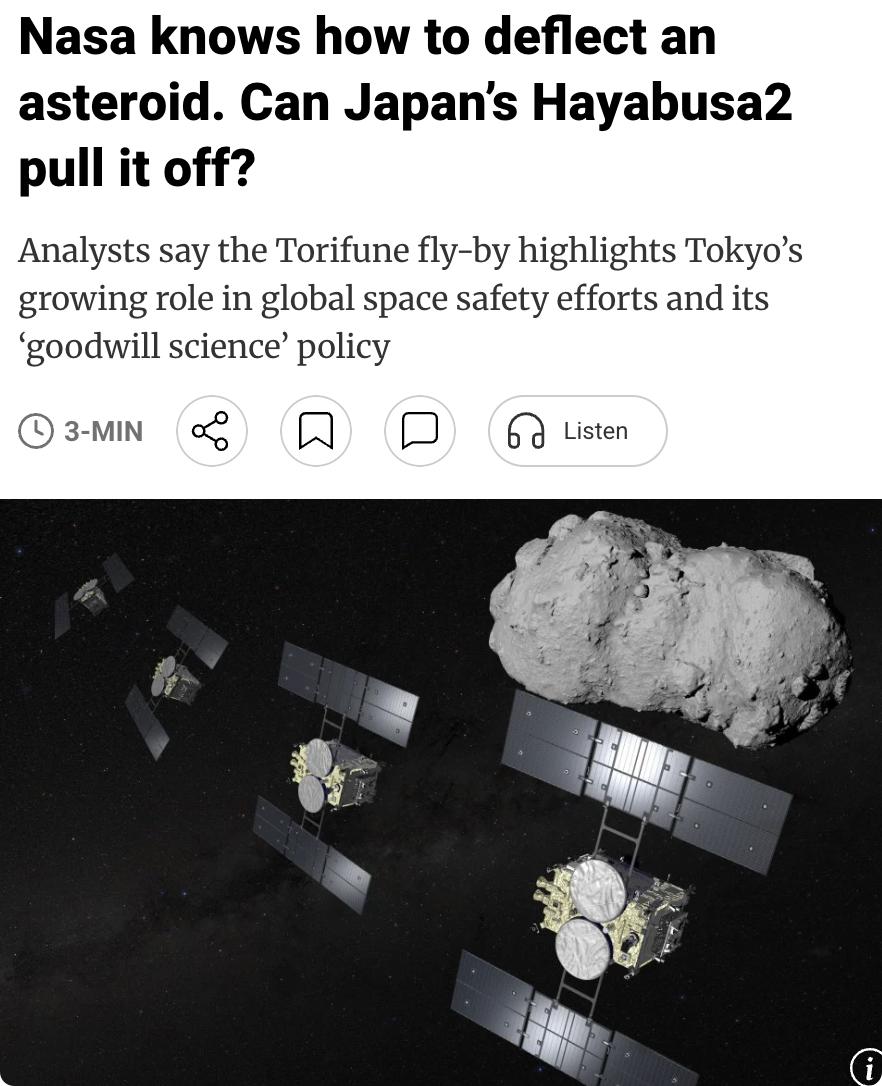 外媒：日本“隼鸟2号”（Hayabusa2）探测器成功完成对小行星“鸟神星”（T