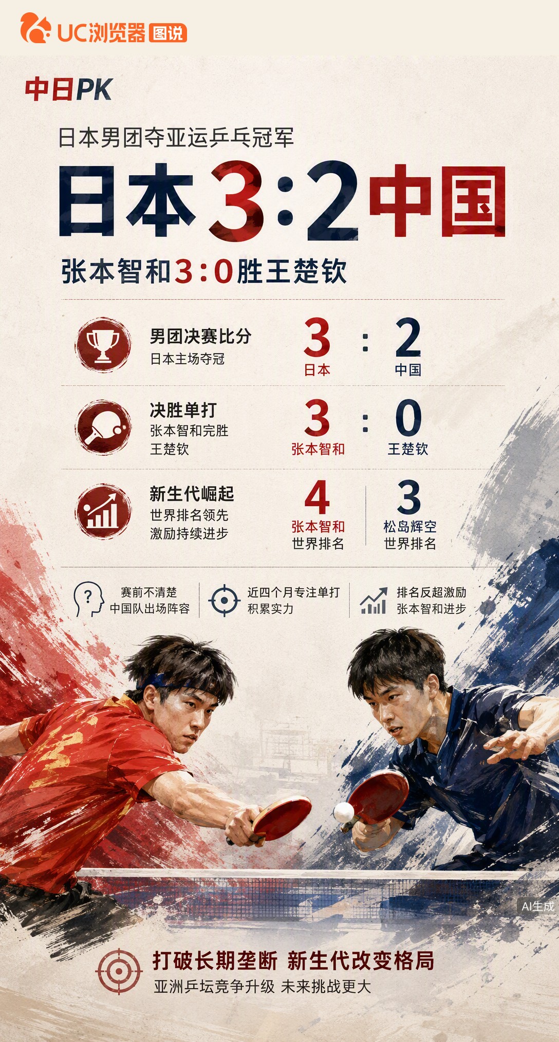 亚运男团决赛日本3-2胜中国，张本智和3-0横扫王楚钦。他赛后坦言没想到能赢，赛前更不知中国队排阵。