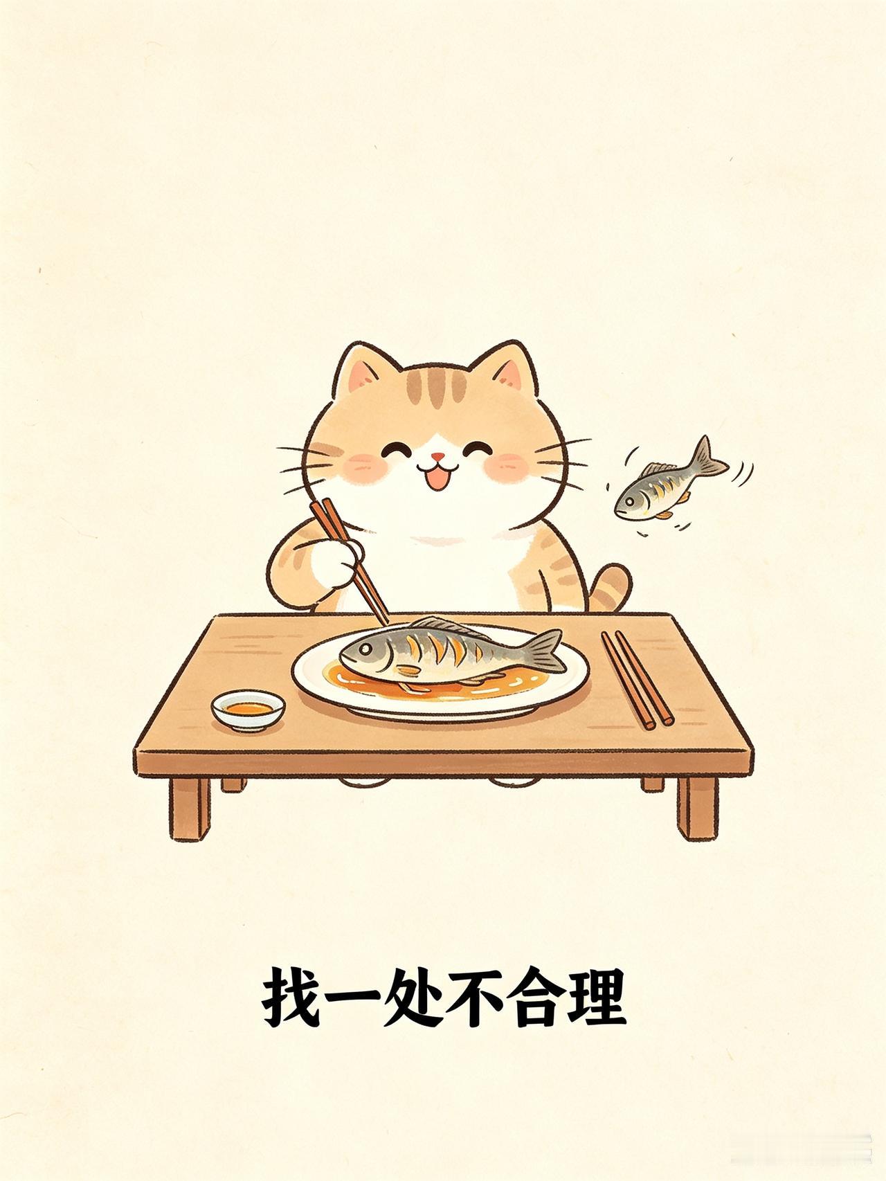 眼力测试来咯！👀这只小猫正打算吃鱼呢，不过画面中有一处明显不太对劲。你察觉到