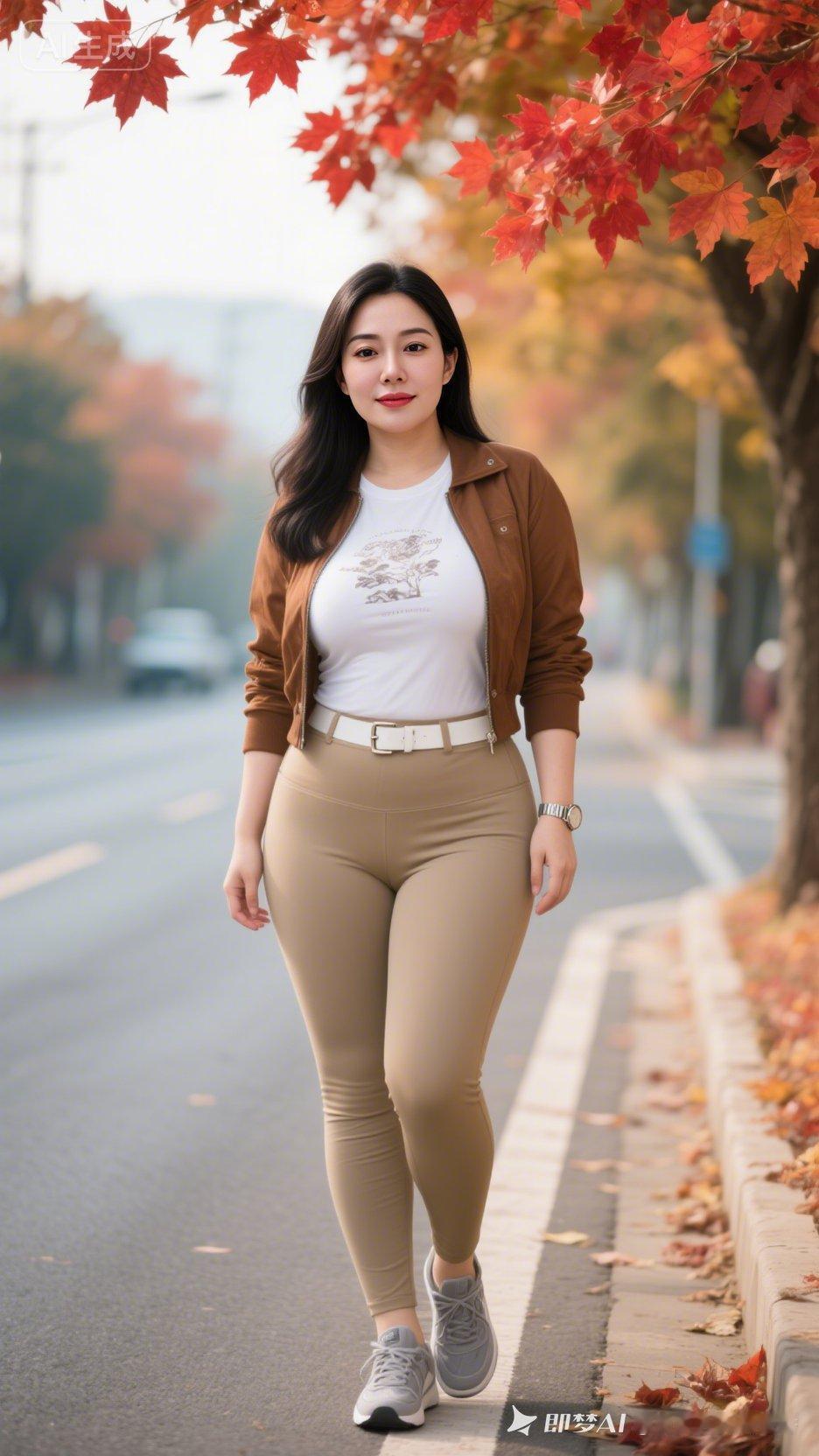 秋日漫步，落叶飘零，时尚穿搭，轻松自在。