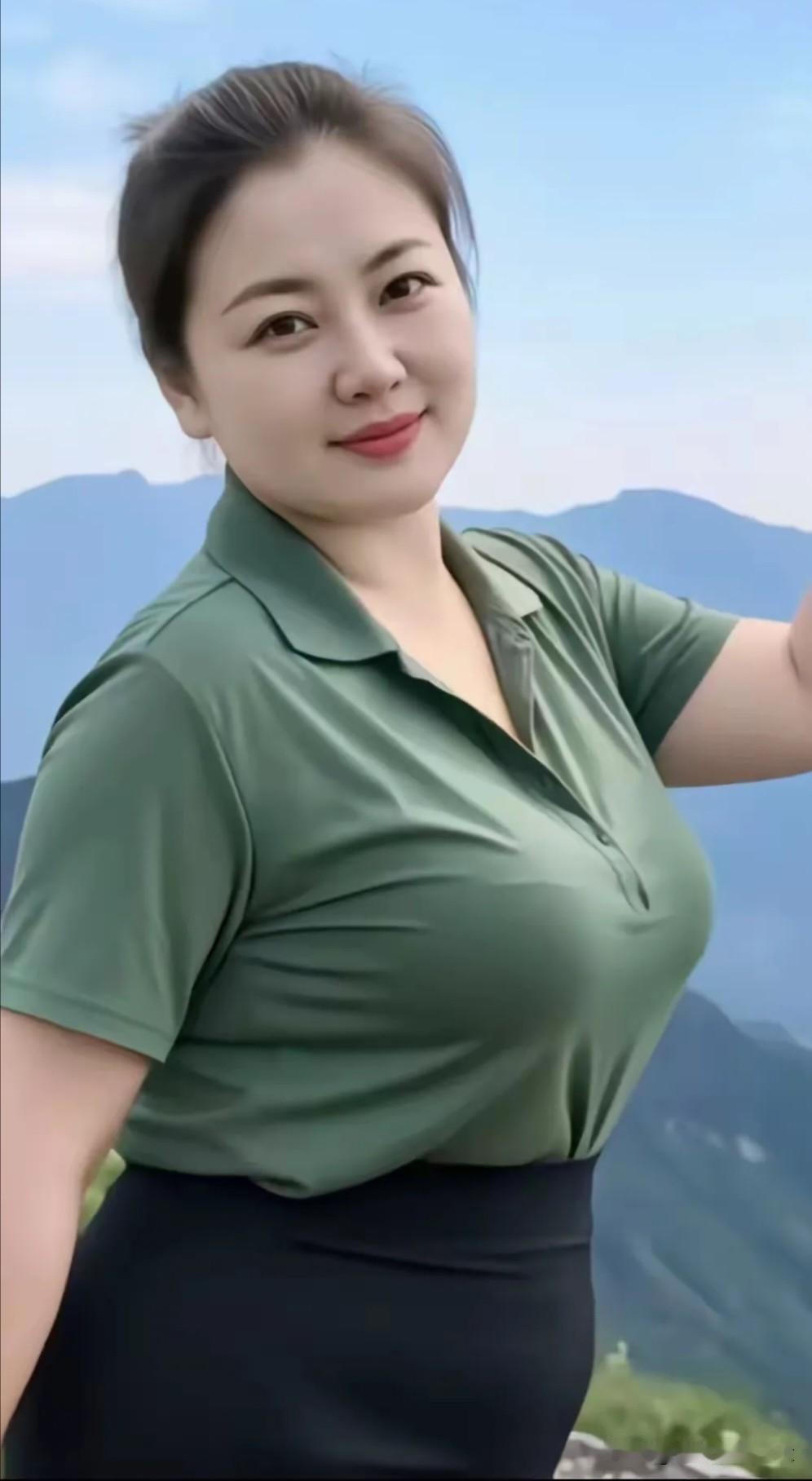 如梦令·山巅留影满目青峰云绕，浅笑临风含俏。翠袖映山光，自有从容风貌。