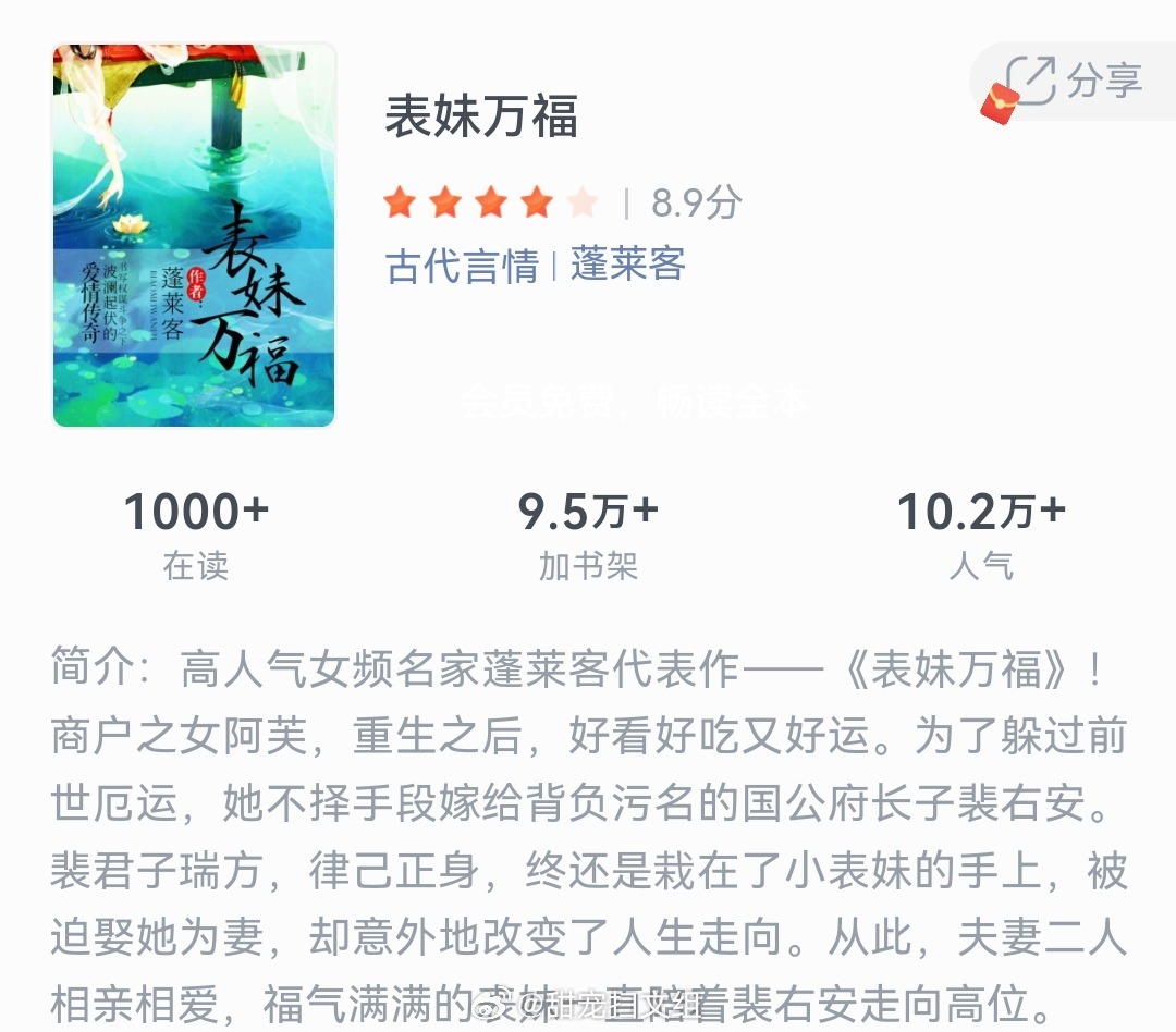 《表妹万福》作者：蓬莱客商户之女阿芙，重生之后，好看好吃又好运。为了躲过前世厄运