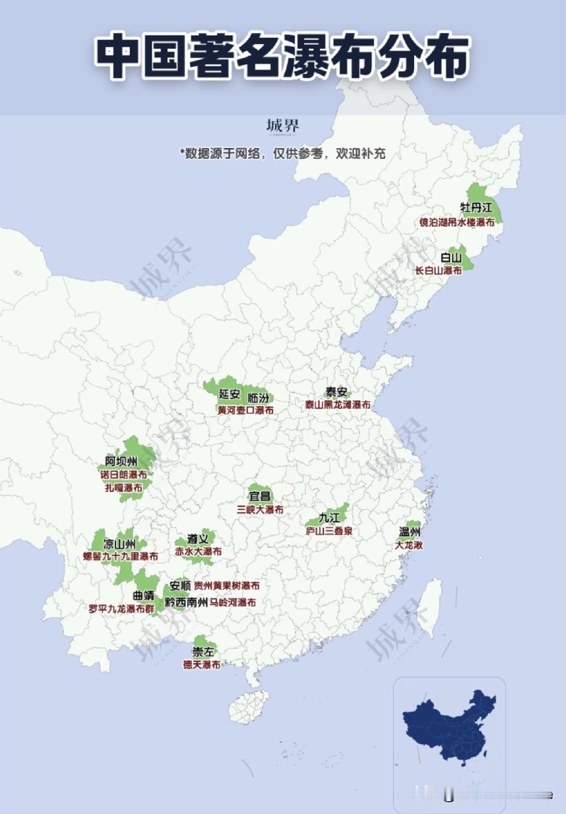 中国著名的瀑布分布图。