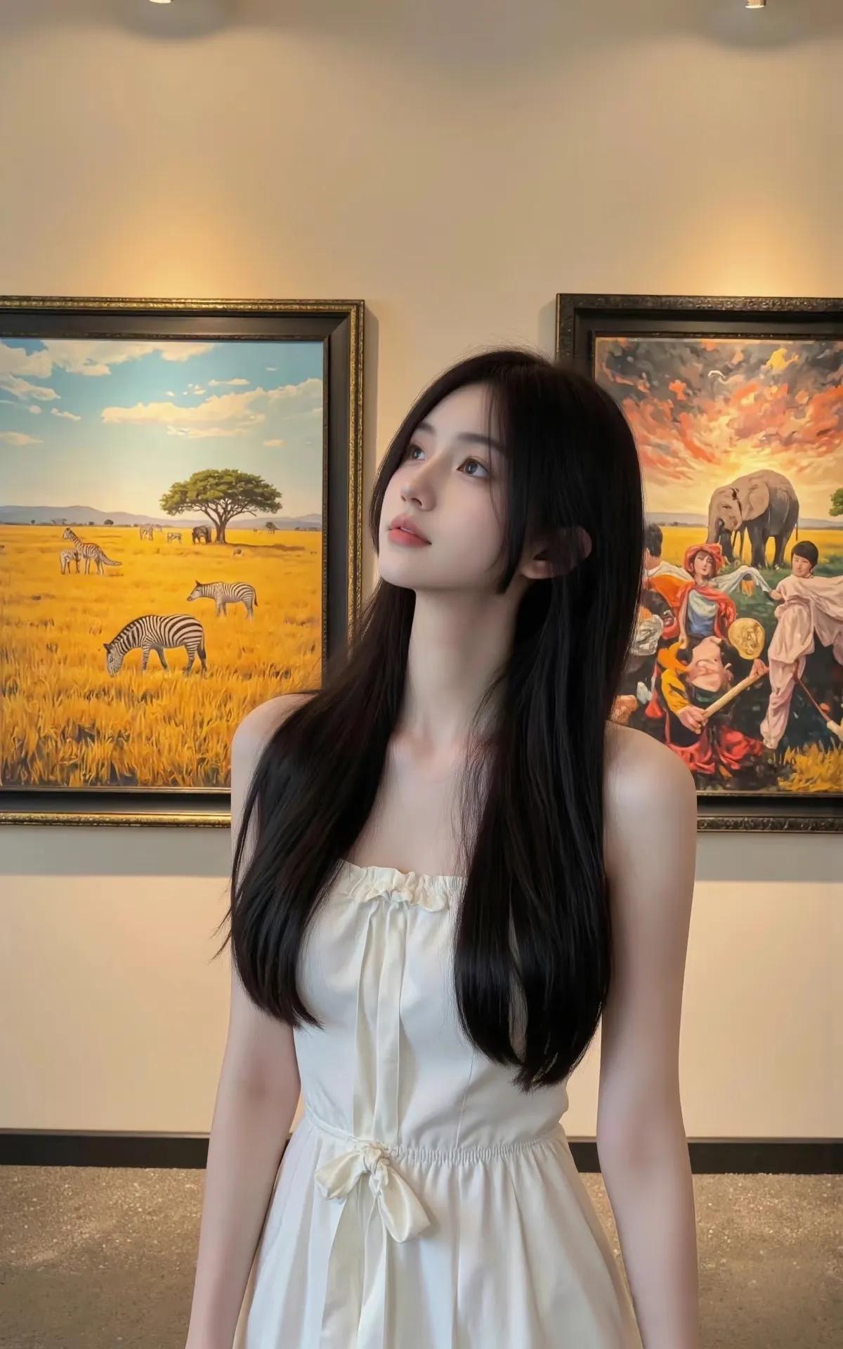 优雅少女与艺术画作相伴，感受生活的美好与宁静。