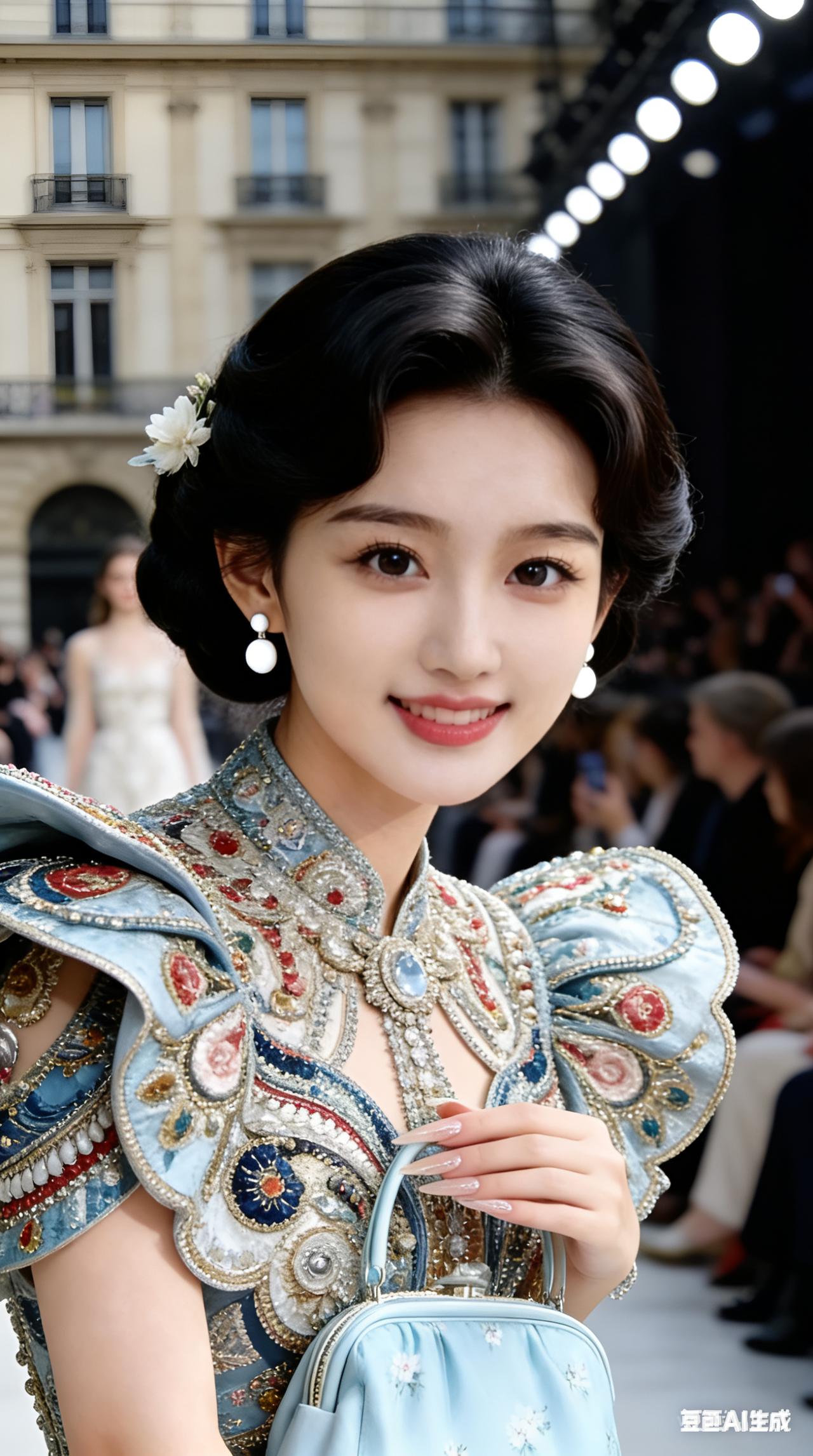 冷白肌肤的佳人端坐巴黎时装周复古秀场，身着夸张高奢刺绣华服，缀满精致华丽饰纹。妆