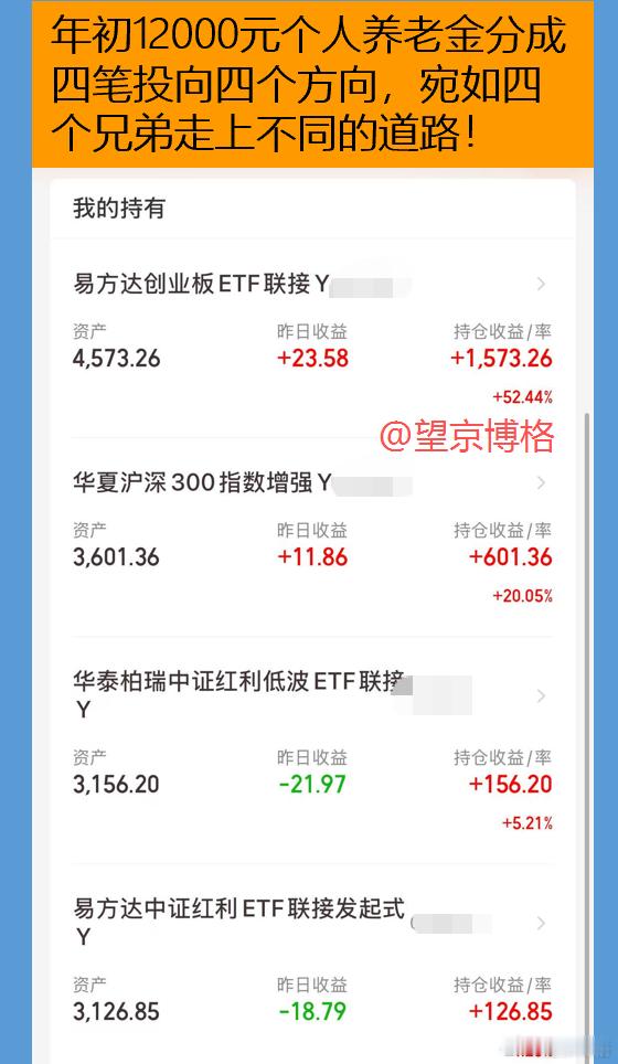 年初12000元个人养老金分成四笔投向四个方向，宛如四个兄弟走上不同的道路！港股