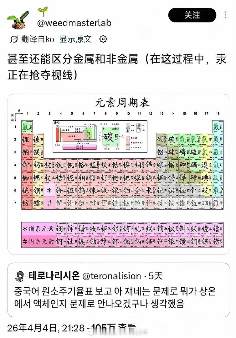 韩国人又破防了……韩国人狠狠的骂韩教育部，中学化学元素周期表火了，诱因是汉字标注