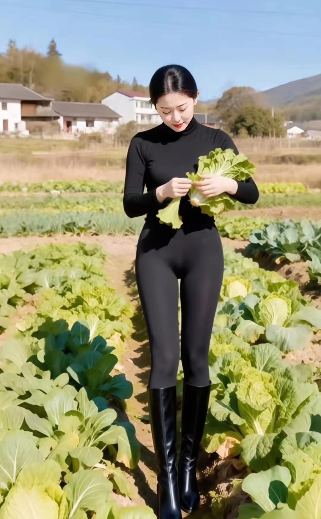 田园风穿搭，黑衣黑靴，手捧绿菜，自然清新。