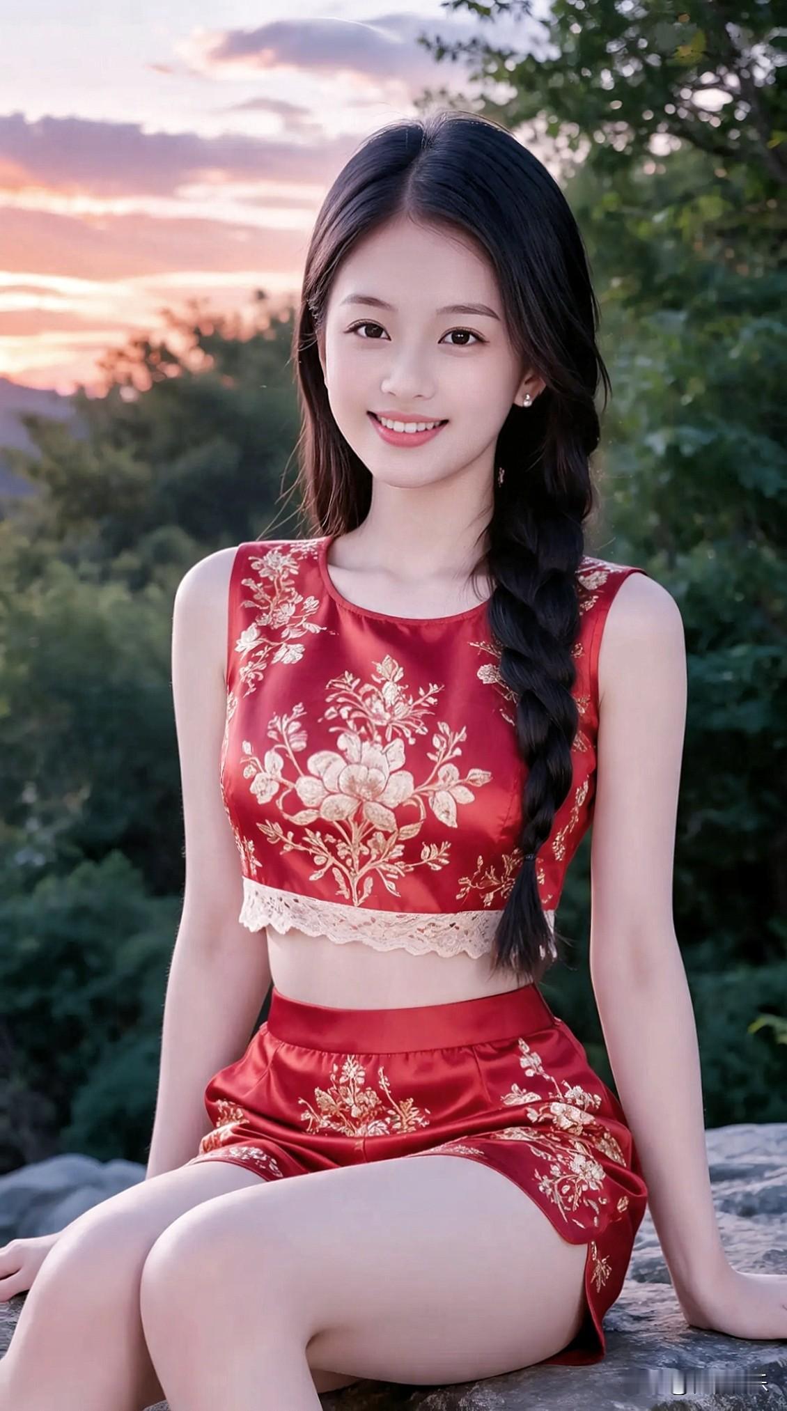夕阳下的少女，红衣飘逸，笑靥如花。分享你的随手拍少女风写真照夕阳美女照