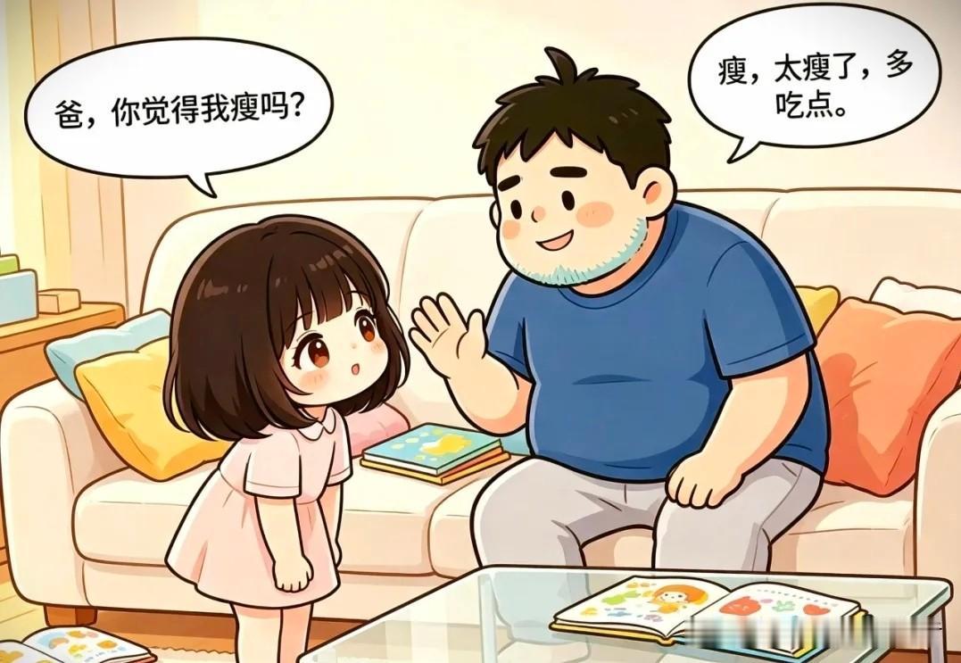 趣味漫画:女儿：爸，你觉得我瘦吗？爸爸：太瘦了。女儿：那你觉得我漂亮吗？爸爸：漂