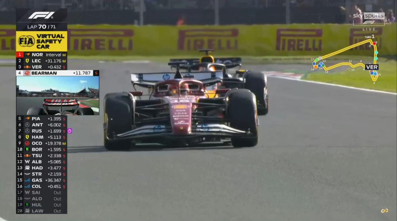 70/71,最后一圈,塞恩斯的车停在围场上,虚拟安全车出动,乐扣和贝尔曼的位置算