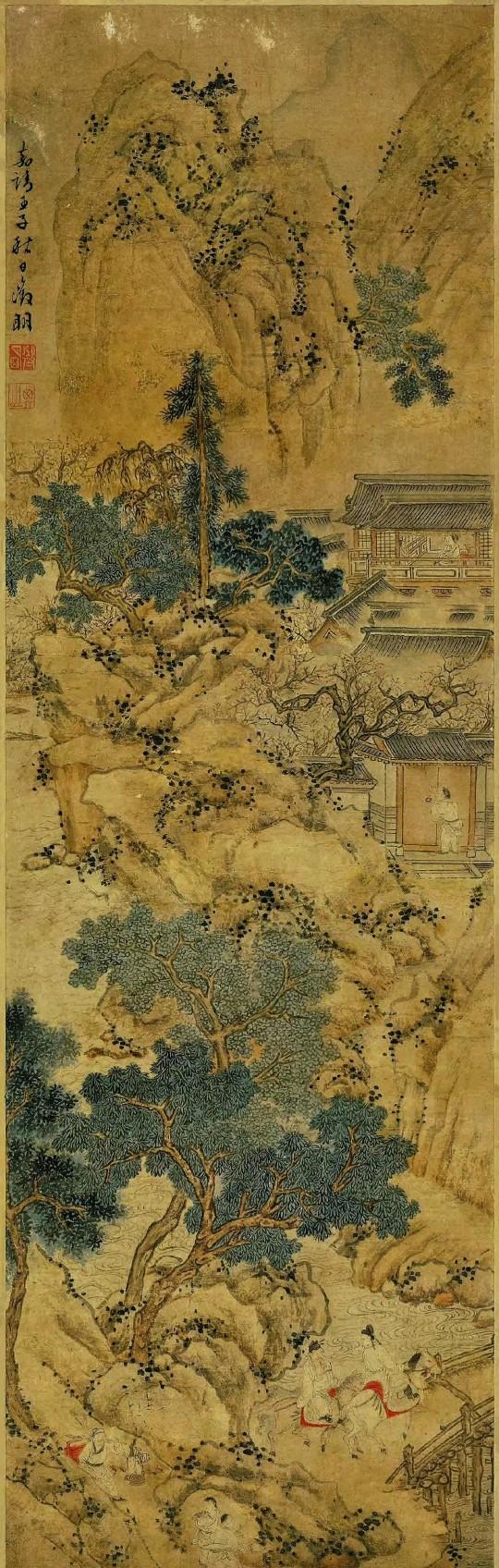 明.文徵明《山庄客至图》。明.凌必正《山水图》。清.王翚《溪山红树图》