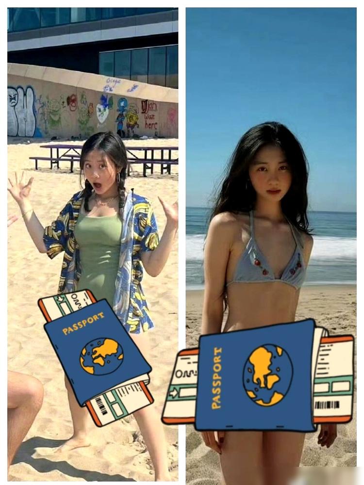 刚满20岁的黄多多，晒了国外海边度假照。穿浅蓝色樱桃比基尼，和不同肤色体型的
