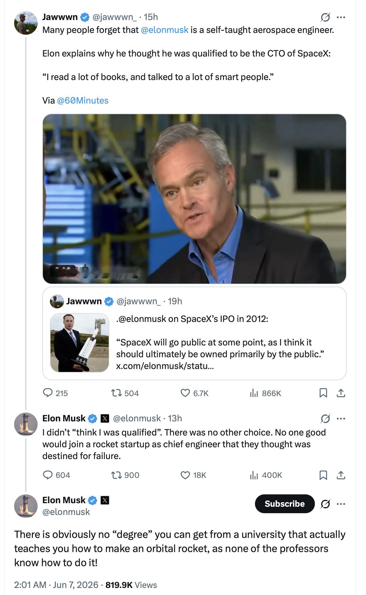 马斯克解释了为什么他认为自己有资格担任SpaceX的首席技术官。Twitter网