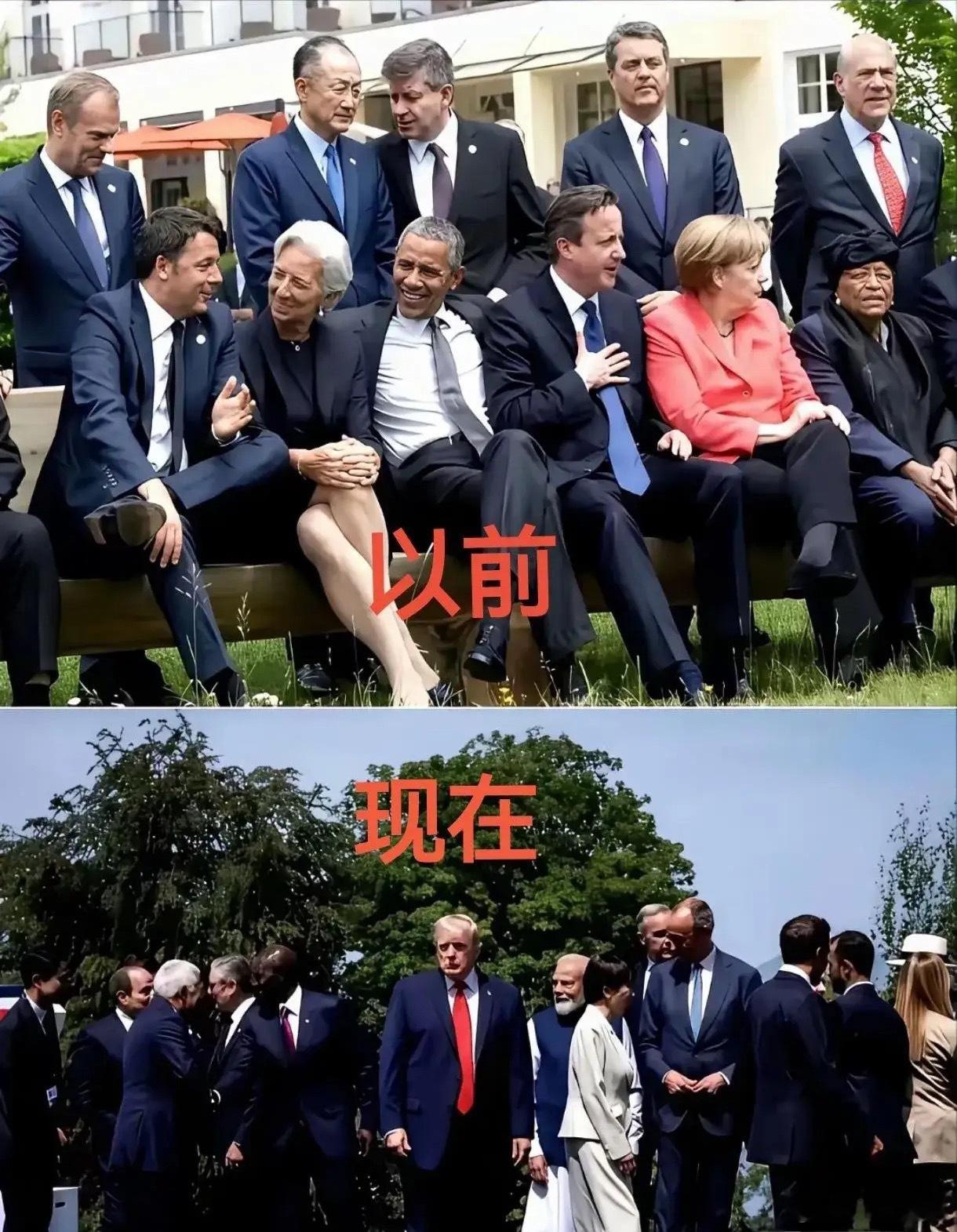 对比以前和现在的G7，真是肉眼可见的变化！早些年开会，各国聚在一起谈笑风生，表面一派团结；如今在特朗