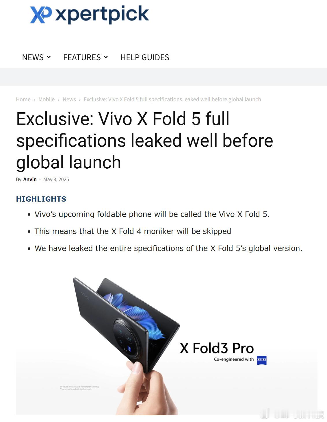 【vivoXFold5折叠屏手机规格曝光】科技媒体xpertpick透露，v