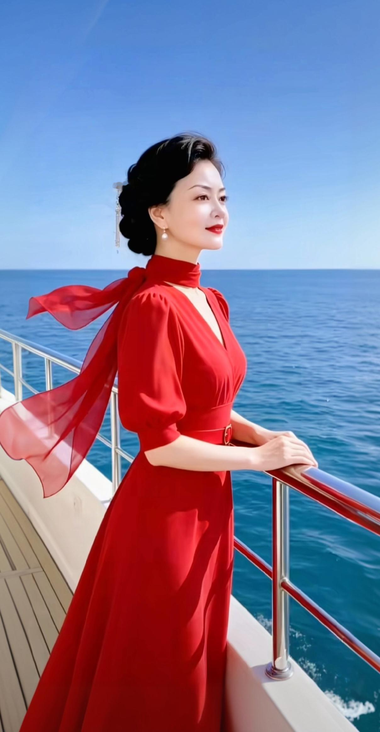 海风拂面，红裙飘逸，尽享海天一色的浪漫时光。🌊💃🌞