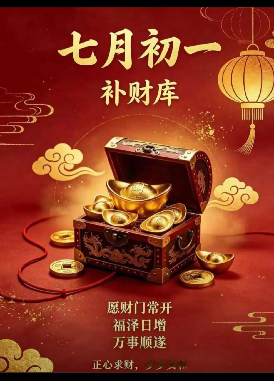 今天是农历七月初一，民间有“补财库”的习俗。老话说“七月初一开财门，金银财宝滚进
