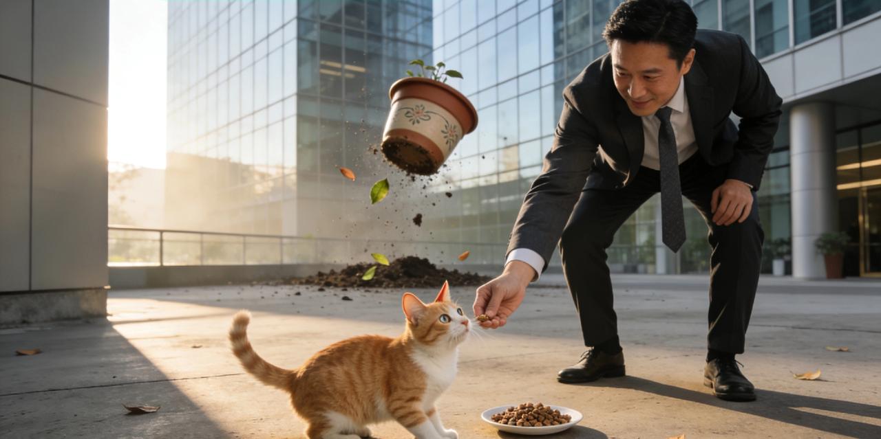 暖心老板喂流浪猫意外避祸高空坠盆惊险瞬间引深思深圳某公司老板王先生经历了