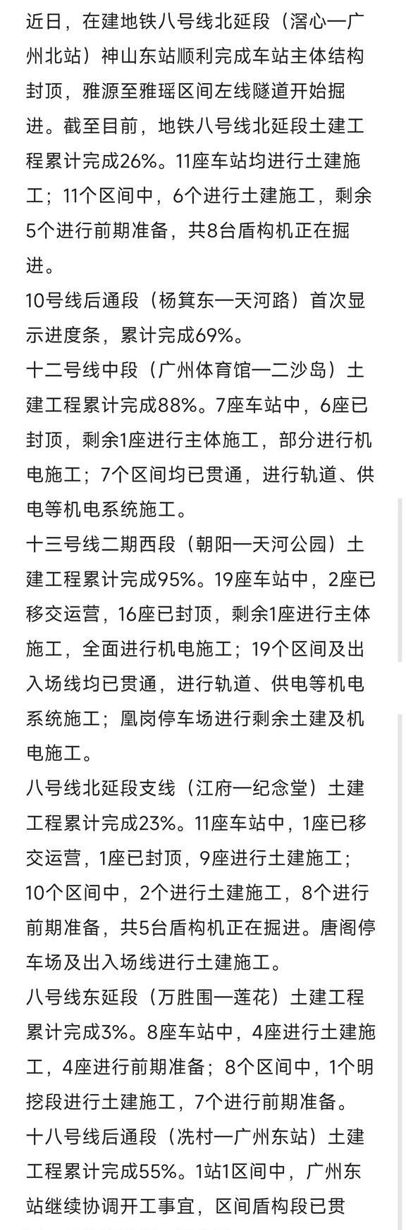 各条在建线路相继更新施工进度了。10号线后通段和8号线东延这两条线路广州地铁