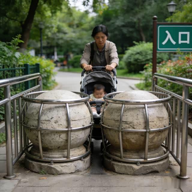 多此一举？公园门口石墩外加护栏引争议，便民还是添堵？公园门口本就摆着石墩拦