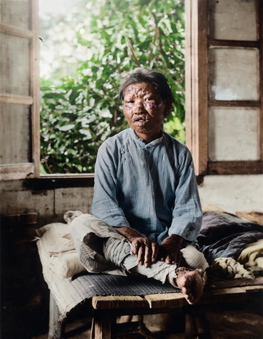 一位罹患麻风病的妇女静静坐在床榻边，她的面部被疾病彻底扭曲，皮肤布满结节与瘢痕，