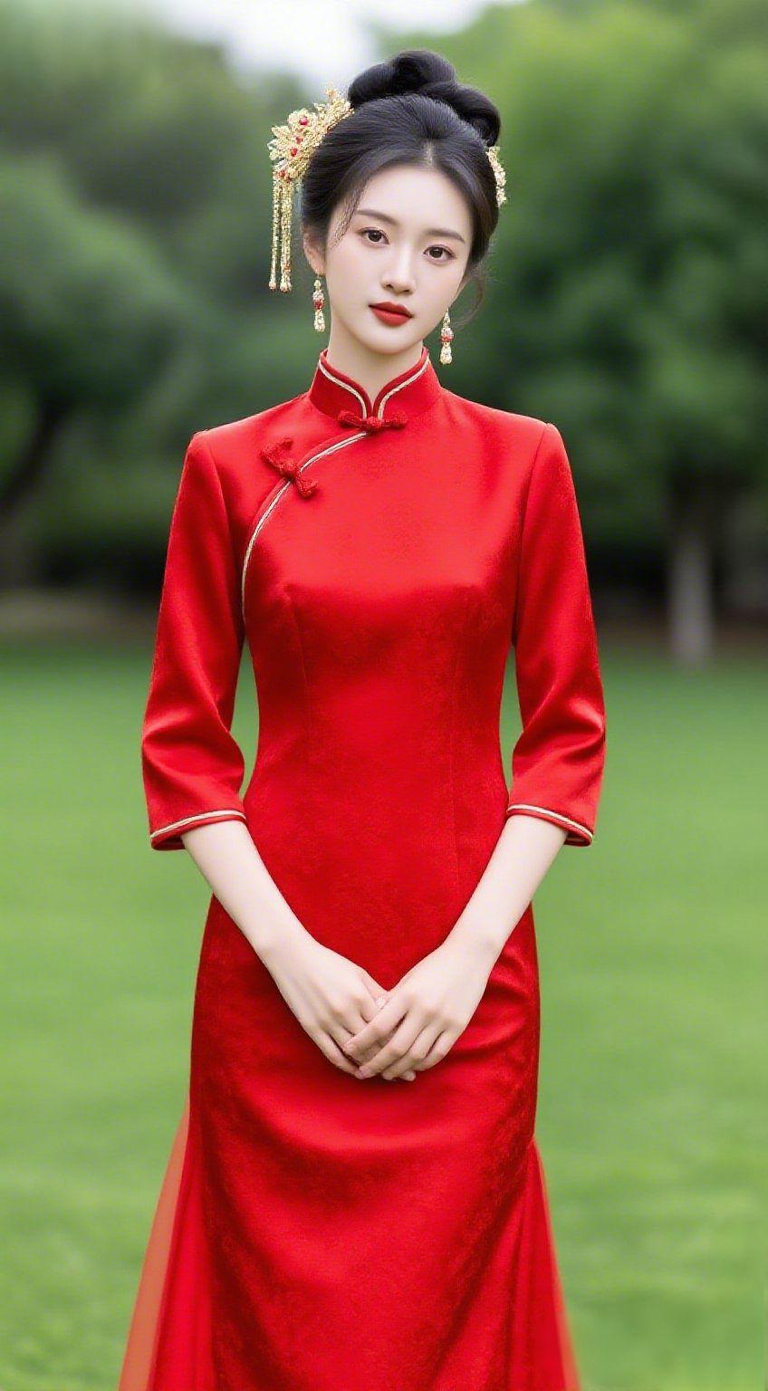一袭朱红尽显风雅一袭朱红旗袍，藏着东方独有的雅致韵味。精致盘扣与流苏相映