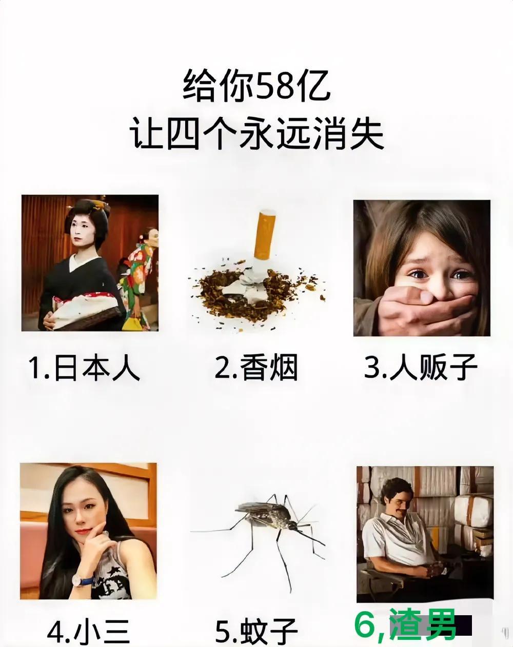 一位微博网友发帖问道：给你58亿，让下面六个选项中的四个永远消失，你会选哪四个