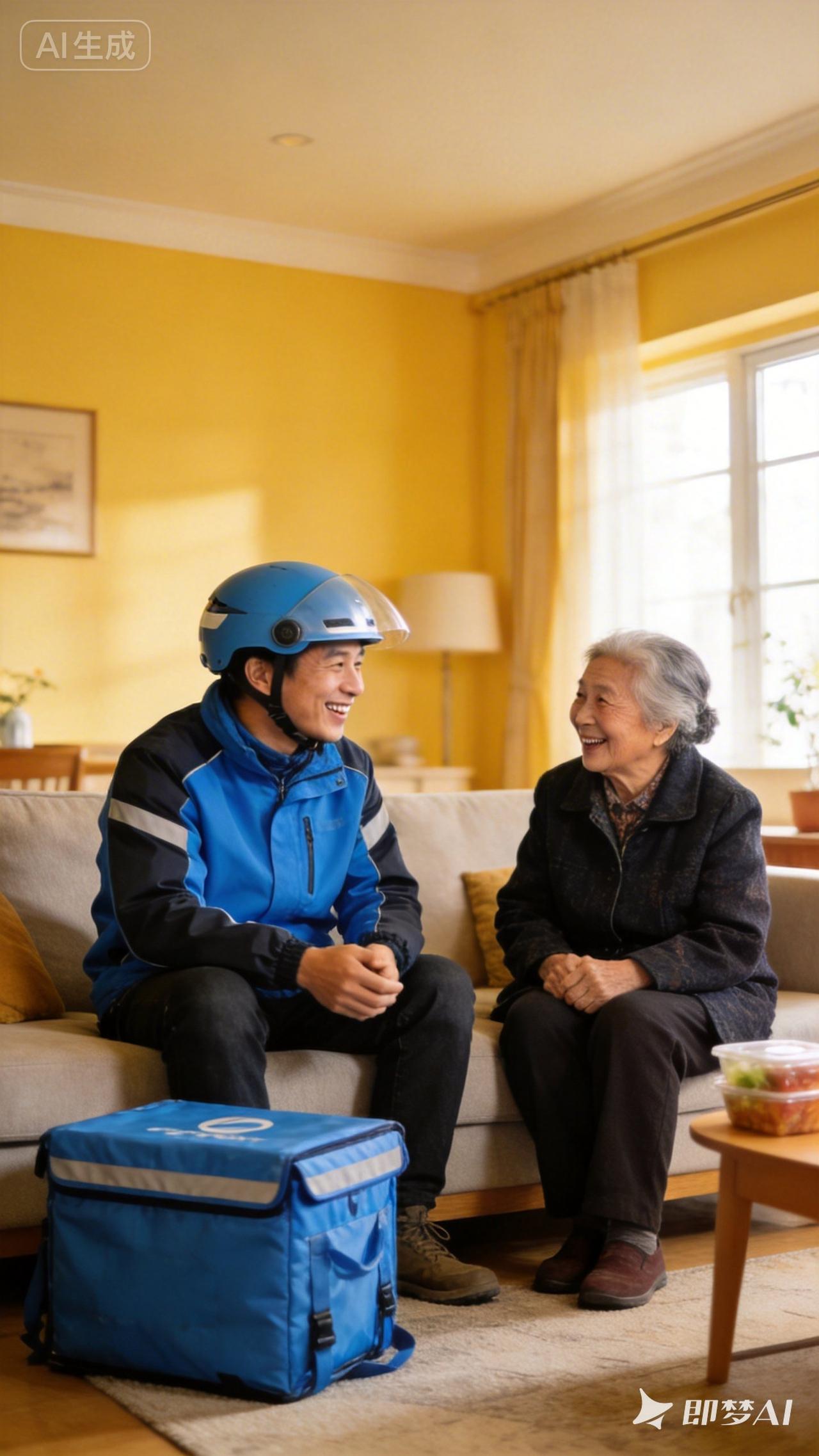 故事一个八十多岁的老太太点了一份外卖，外卖小哥敲门，老太太打开门，接下外卖。她