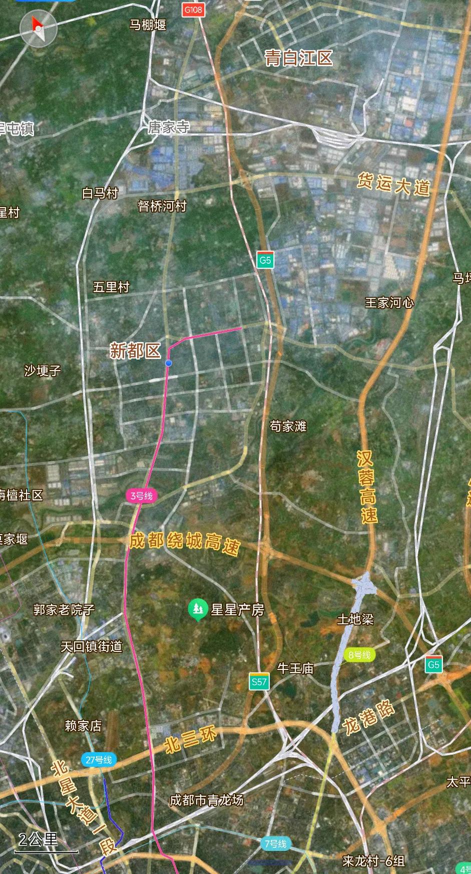 从图上看成都地铁3号线终点到青白江区近在咫尺，因此青白江区想要修地铁其实是不被摧