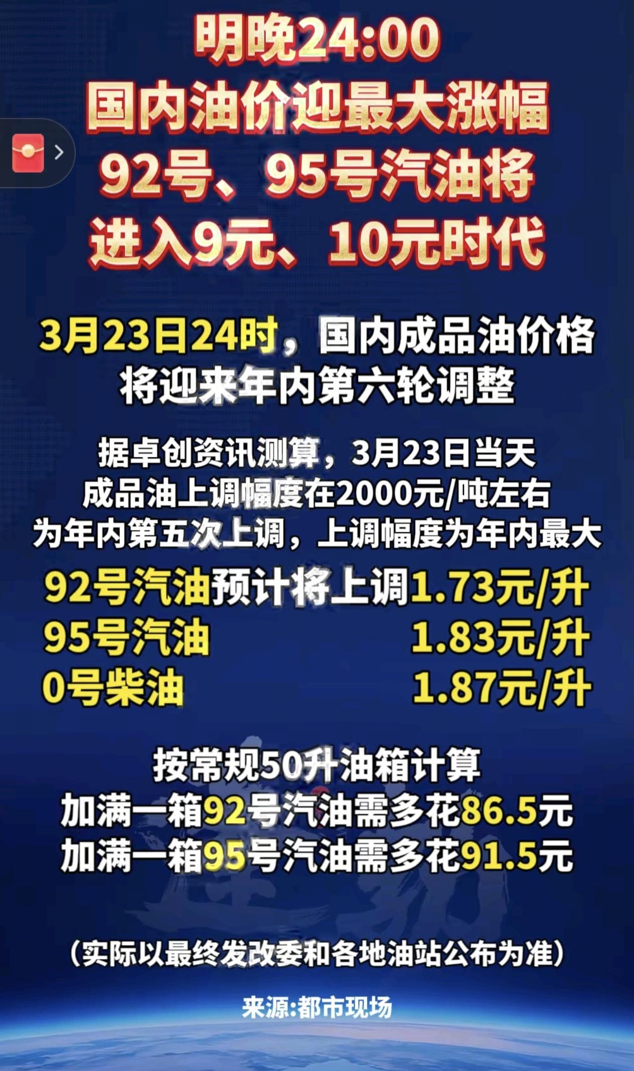 今天朋友叫我去把车加满，这油价马上又要调整。可是我是上次加了没怎么开，最多还能加