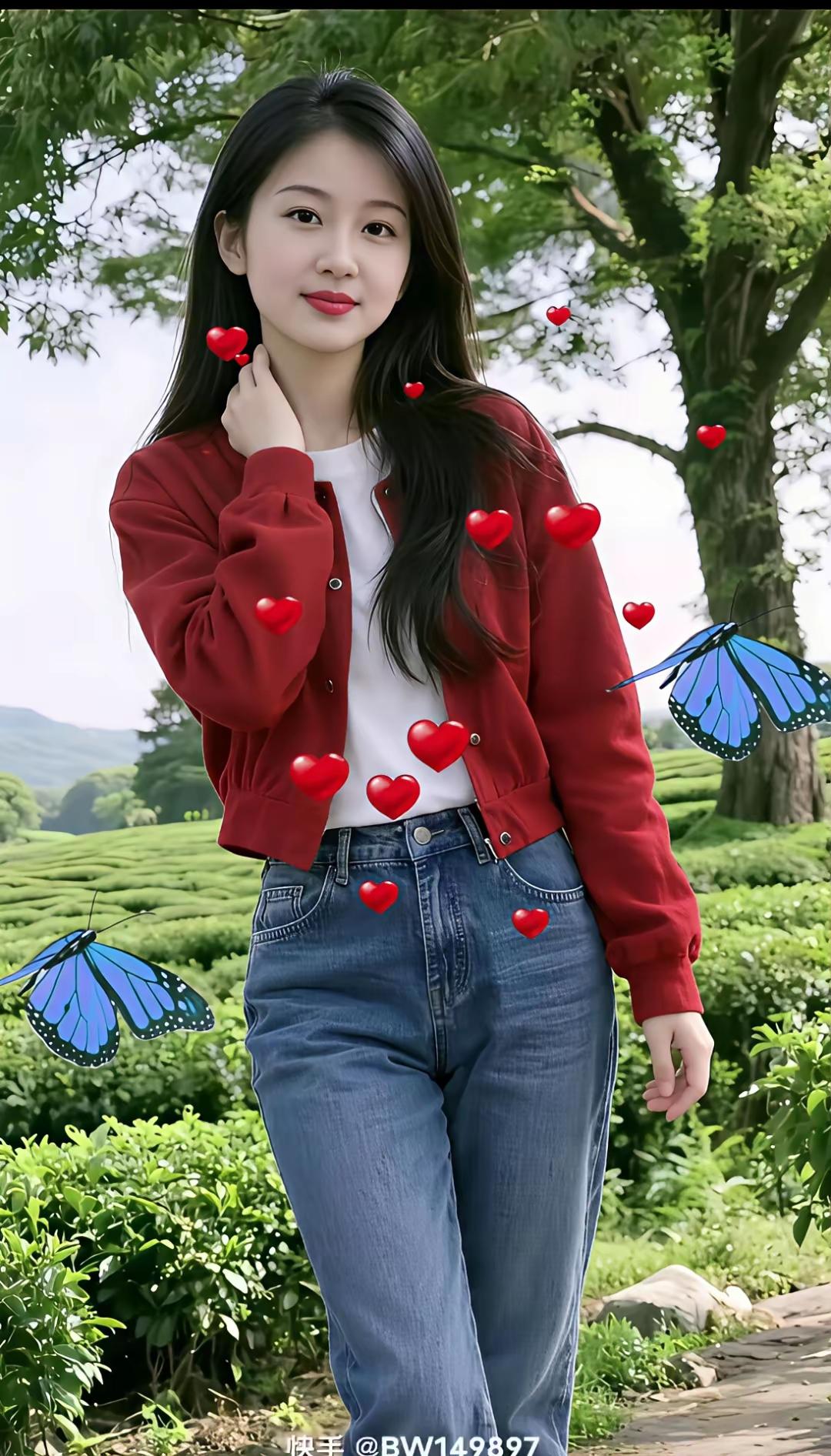 春日穿搭指南：红衣少女与蓝蝶共舞